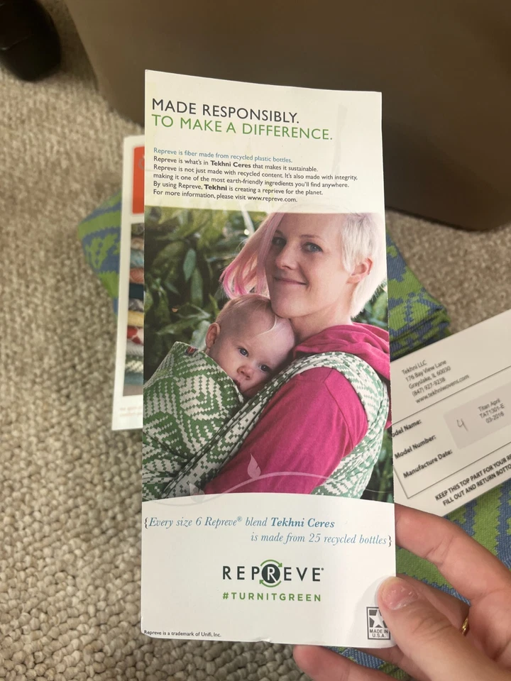 NEW! Tekhni Woven Green Blue Baby Toddler Wrap Sling Carrier Sz 4 Repreve Fabric - Image 3 of 4