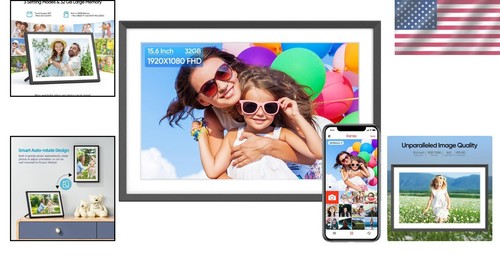 FHD WiFi Digital Photo Frame 15.6" with 32GB Storage - Auto-Rotate Feature - Picture 2 of 11