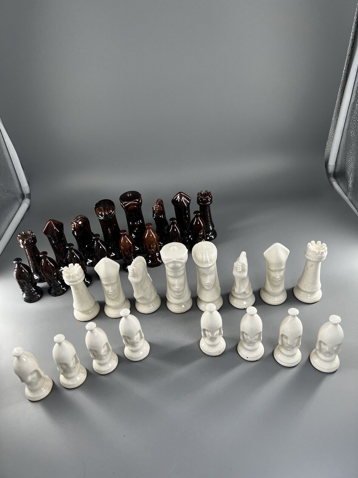 Vintage 32 Piece Duncan Mold Chess Set Ceramic Medieval Gothic Glazed ART  DECO