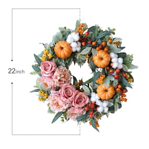 Fall Wreaths for Front Door, 22 inch Autumn Wreath with Pink Rose Pumpkin - Picture 4 of 7