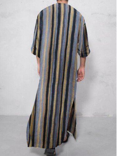 Mens 2023 Muslim Saudi Striped Abaya Robe Jubbah Islamic Arab Kaftan Clothes 841 - Picture 6 of 11