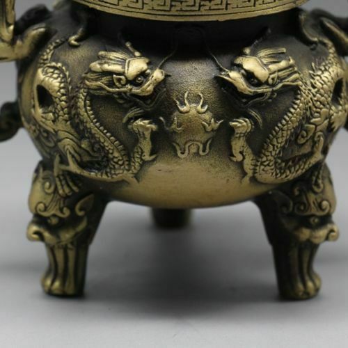 Quemadores de incienso de tres pies China Antigüedades cobre hechos a mano dragón kylin león - Imagen 8 de 9