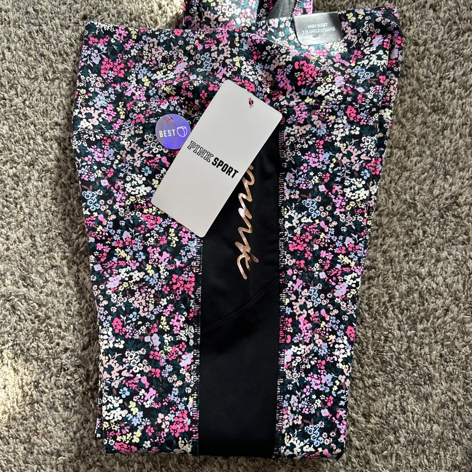 Victoria Secret ROSA Talla M Ultimate Colorido Floral Leggings Bolsillos Dorado Logo Foto 4 de 4