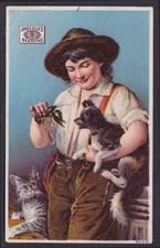 James Pyle's Pearline Soap trade card boy shows crawfish to dog & cat