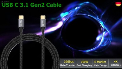 USB-C to USB-C 3.1 Gen2 Cable 10Gbps Data Transfer, 100W 20V/5A 6.6ft USB Type
