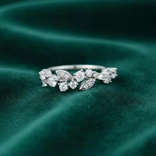 Dainty Round Cut Nature Inspired Leaf Vine Gold Promise Wedding Ring  in Silver