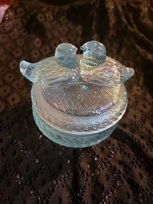 Vintage Blue  Glass CHICKS ON NEST Candy Trinket  perfect
