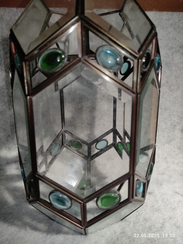 Bevelled Glass & Blue, Green Bead Hexaganol Lantern Pendant Lamp Shade 28cm Vtge - Picture 2 of 15