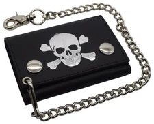 Mens Wallets Black Trifold RFID Protection Real Leather Skull Biker Chain Men