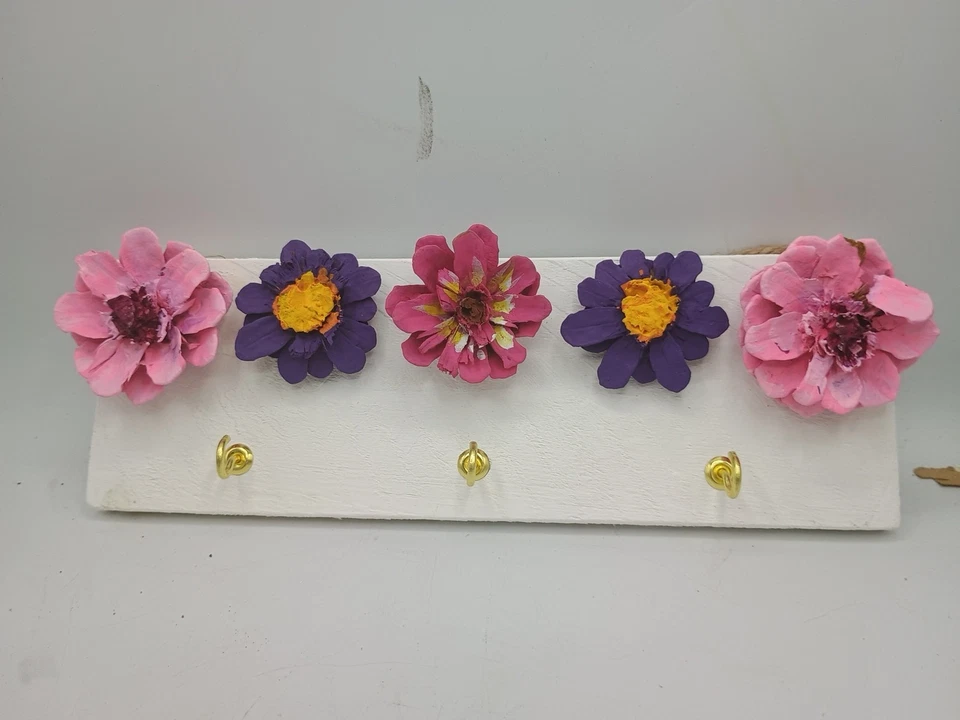 Handcrafted  Painted  MulticolorPine Cone Flower Art Utility Hook Board 10"X3.5" - Image 3 of 4
