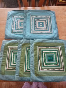 Set of 5 Raw Silk Padded Pillow Shams 15in Square Blue Green Used Sold As-Is