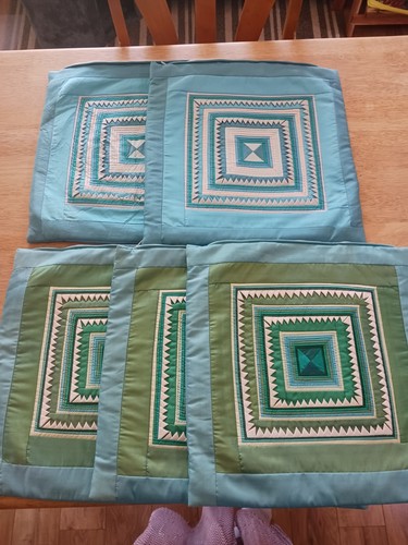 Set of 5 Raw Silk Padded Pillow Shams 15in Square Blue Green Used Sold As-Is