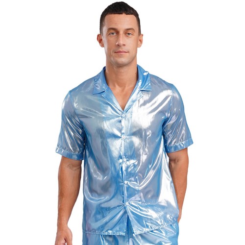 Men Shiny Metallic Short Sleeve Button Up Collared Party Shirt Night Out Events - Picture 8 of 68