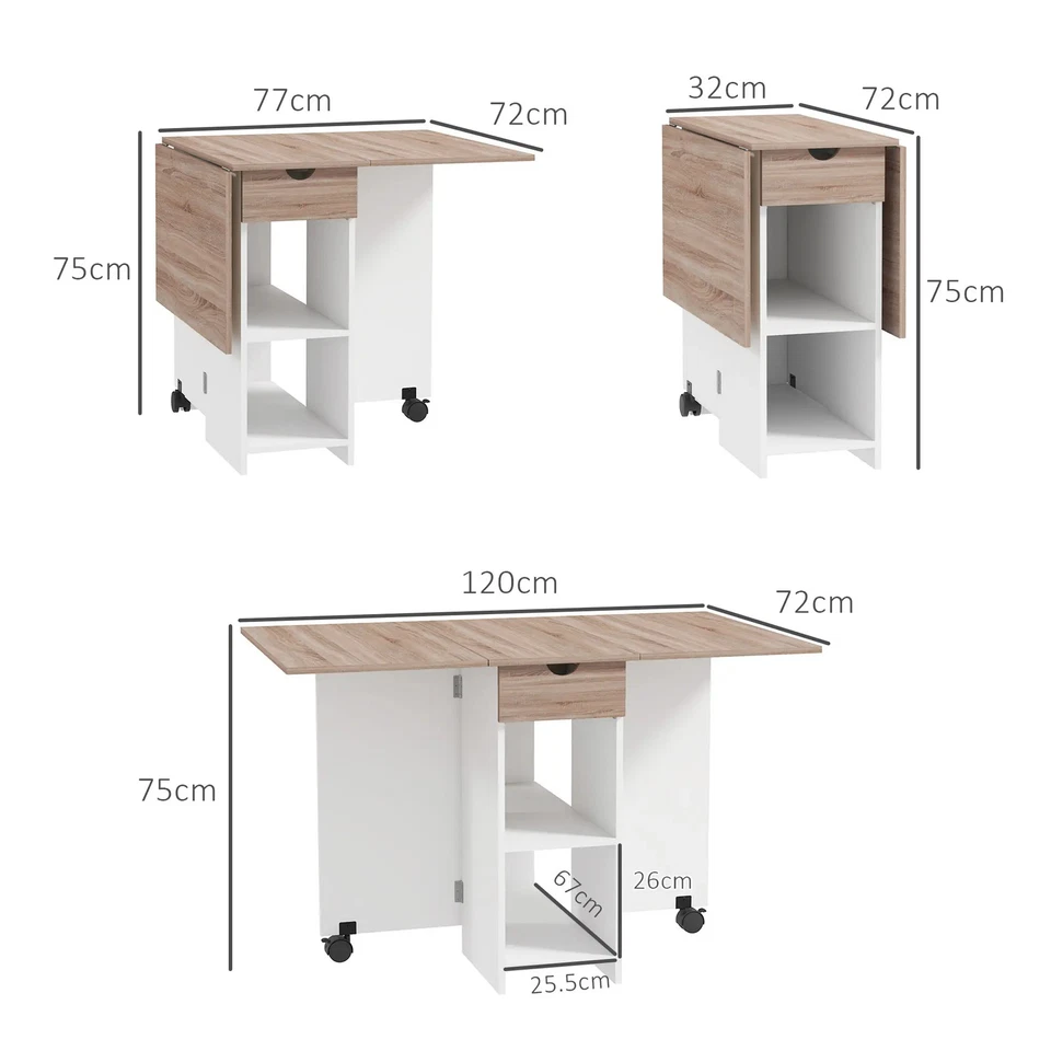 Folding Dining Table Drop Leaf Small Spaces Foldable with Drawer Storage Shelves - Image 3 of 4