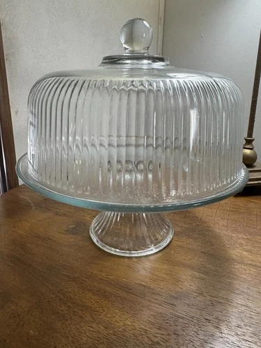 Vtg Anchor Hocking Monaco Clear Ribbed Glass Pedestal Cake Plate & Dome - 11"