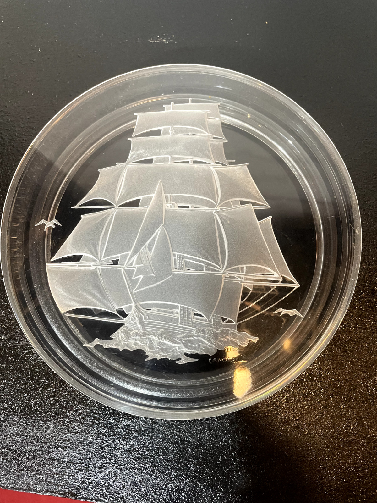 Signed VTG Reverse-Etched Lid Acrylic Art Deco Ashtray "CAMPBELL" Felt Bottom