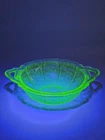 Jeanette Cherry Blossom Handle Serving Bowl Uranium Green Depression Glass