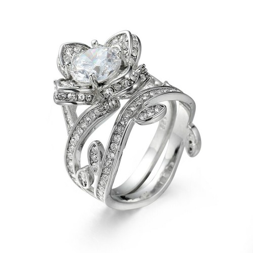Sz 6-12 Women's White Gold Filled Wedding Flower Topaz Fashion Ring Jewelry Gift - Picture 2 of 18