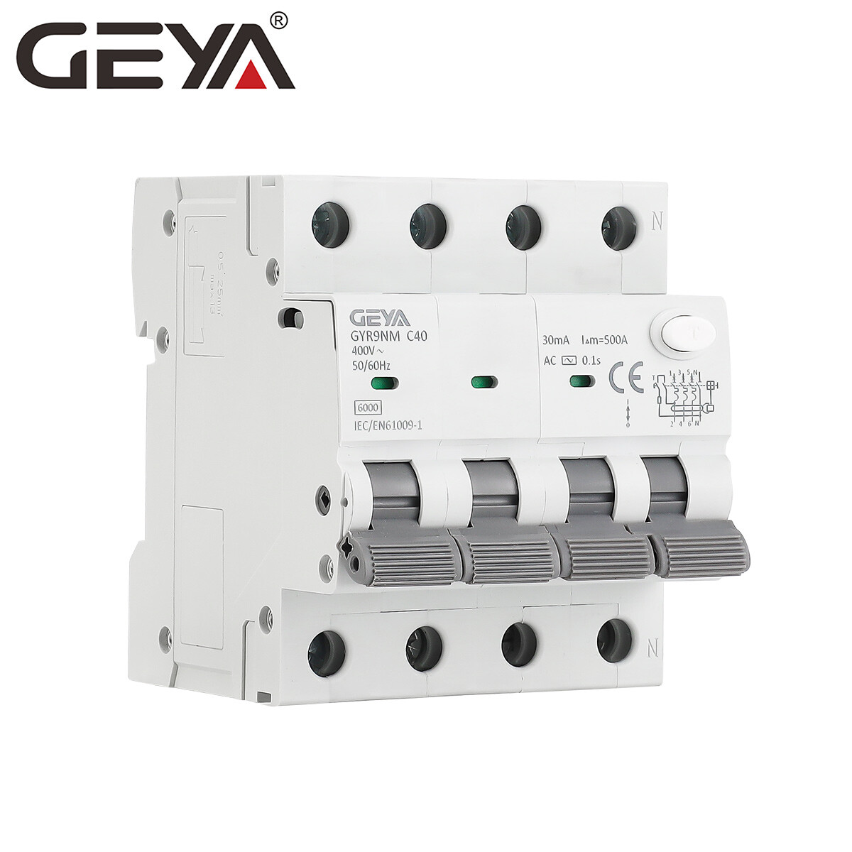 Interruptor de circuito GEYA A tipo RCBO 4P 10-40A con protección contra sobrecorriente y fugas