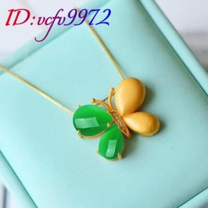Authentic Natural Jade Butterfly Pendant Necklace Real Jewelry Charm 18K Gold Plated
