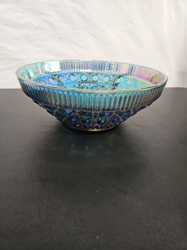 Vintage Blue Carnival Iridescent Indiana Windsor Glass Bowl 10.5 in