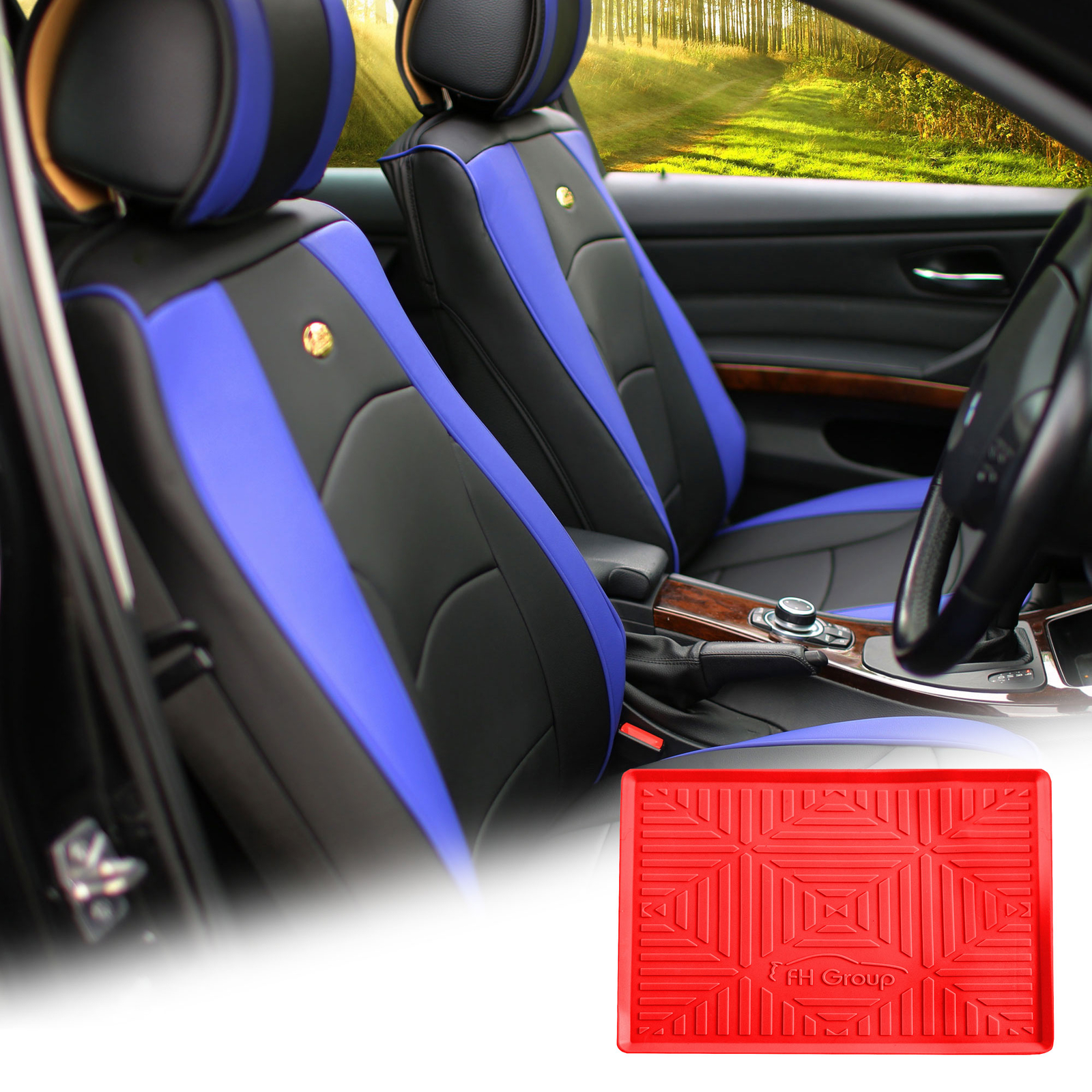 Leatherette Seat Cushion Covers Front Bucket Blue w/ Red Dash Mat For Sedan