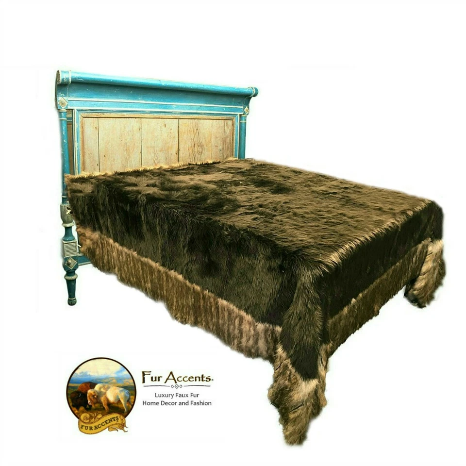 Brown Bedspread, Ribbed Fox Border, Throw Blanket, Soft Faux Fur, Minky Lining - Image 2 of 4