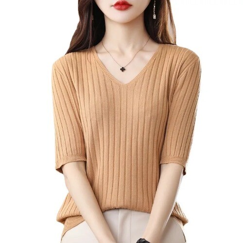 Summer New Women's V-neck Short-Sleeved Exquisite Cashmere Knitted Sweater - Picture 33 of 36