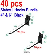 40 New Slatwall Hooks Bundle 4" & 6" - 20 Each- Black