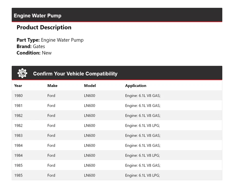 For 1980-1985 Ford LN600 Engine Water Pump Gates 1981 1982 1983 1984 - Image 2 of 4