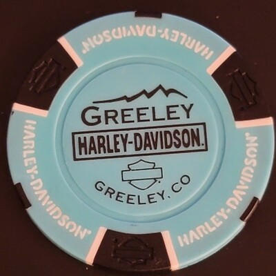 GREELEY HD ~ COLORADO (Aqua/Blk B&S stamp) Harley Davidson Poker Chip (CLOSED)