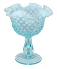 Vintage Fenton Glass Bowl Hobnail Blue Dish Pedestal Foot Marked Ruffle Edge
