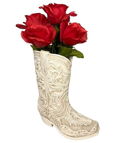 Cowgirl Boot Flower Vase - 9 Tall Antique White Finish With Intricate Tooled Leather Detailing Decorative Western Cowboy Modern Rustic Decor~p123483158