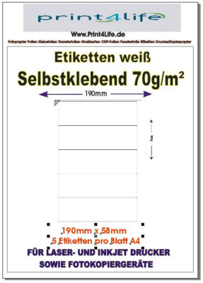 Etiketten für Ordner kurz breit 190 x 58 mm Blatt weiß auf DIN A4 Auswahl Menge