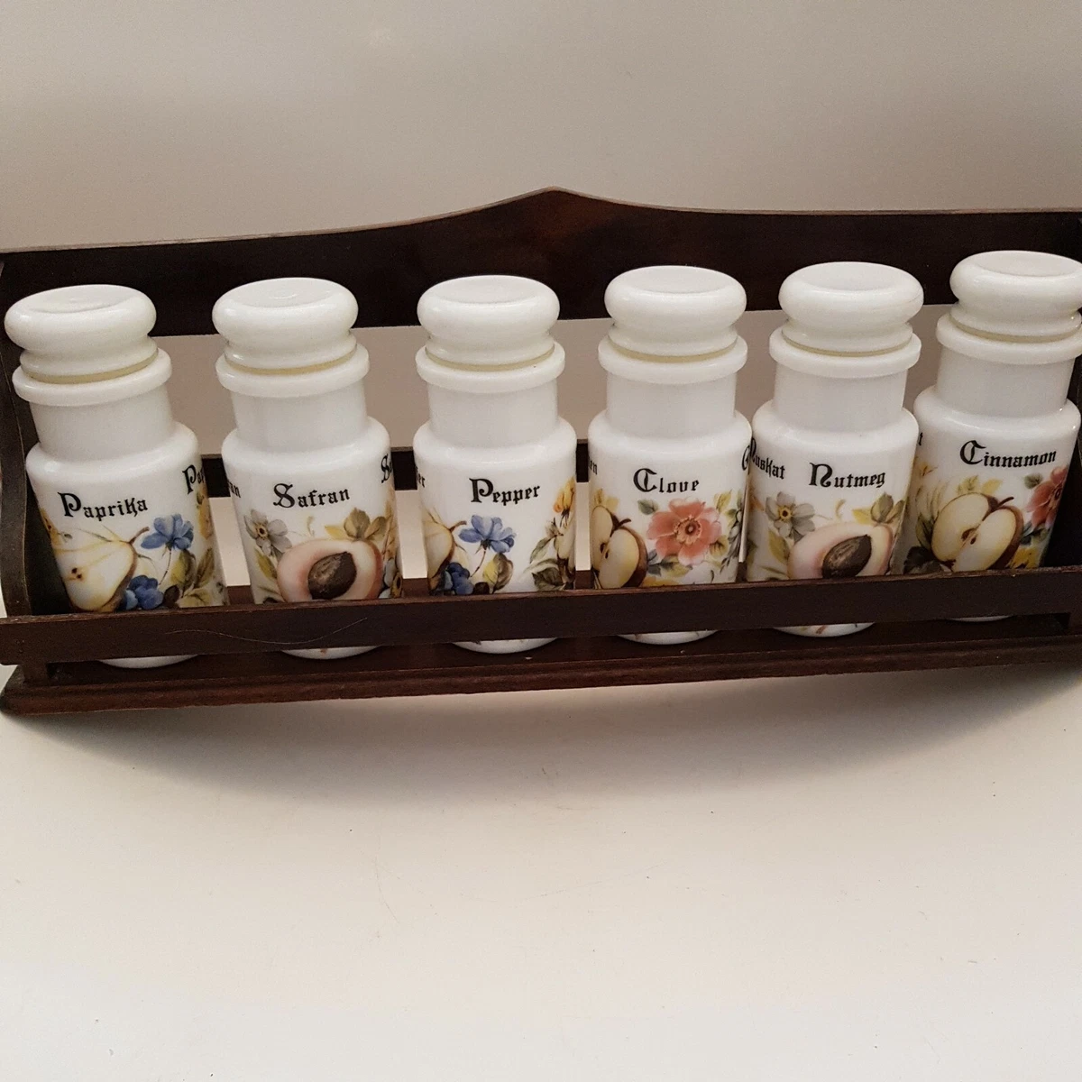 Vintage White Opaque Glass Spice Jars With Wooden Wall Mounted Storage Shelf B8