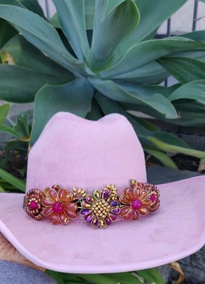  pink girl sombrero, hecho a mano,mexicano, medida M con cristal y chapa, suede