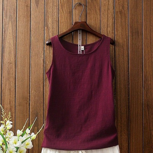 Women Linen Cotton Vest Sleeveless Top Retro Strap Camisole Tee Shirt Tank Top - Picture 13 of 18