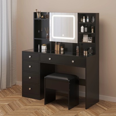Ktaxon Color Lights Drawers Charging Station Vanity Desk Table Set, Black -
