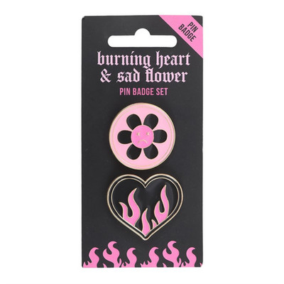 Burning Heart and Sad Flower Pin Badge Set, emo style