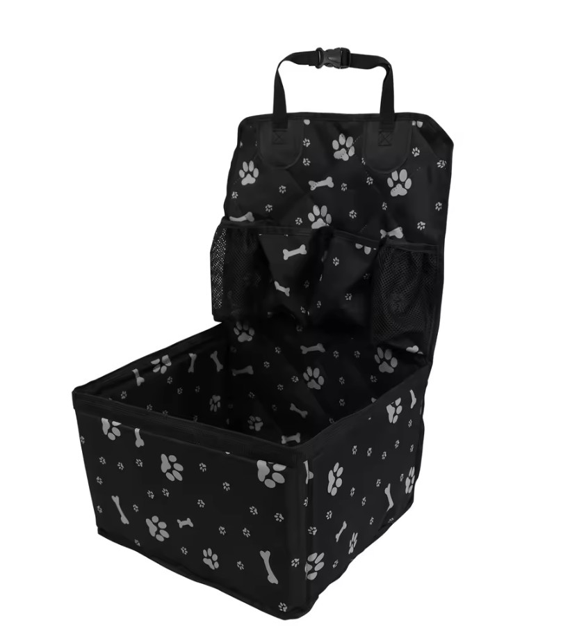 Siège auto chien universel avec housse antidérapante noire et rangements voyage