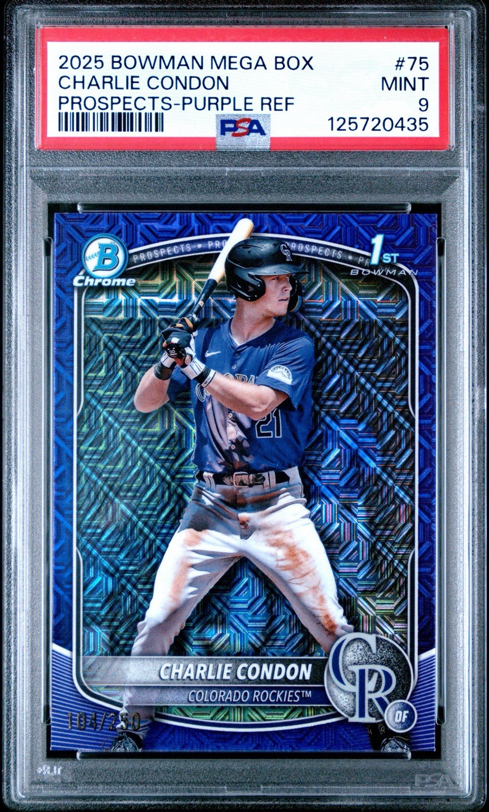 2025 Bowman Chrome PURPLE MOJO REFRACTOR 1st Charlie Condon /250 PSA 9 ROCKIES