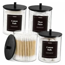 Glass Qtip Holder Dispenser, 15oz Apothecary Jars with Wood Lids, 4 Pack