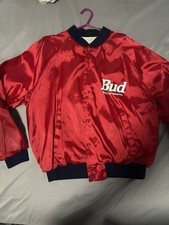 Budweiser Men's Vintage Red Satin Bomber Jacket 80s/90s Varsity Nylon