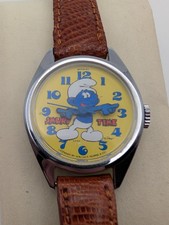 Bradley Smurf Time Vintage 1980s Quartz Cartoon Dial Watch 27.2mm Brown Leather