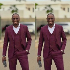 Burgundy 3 Piece Men Suits Wedding Groom Tuxedos Business Blazer Pant Vest