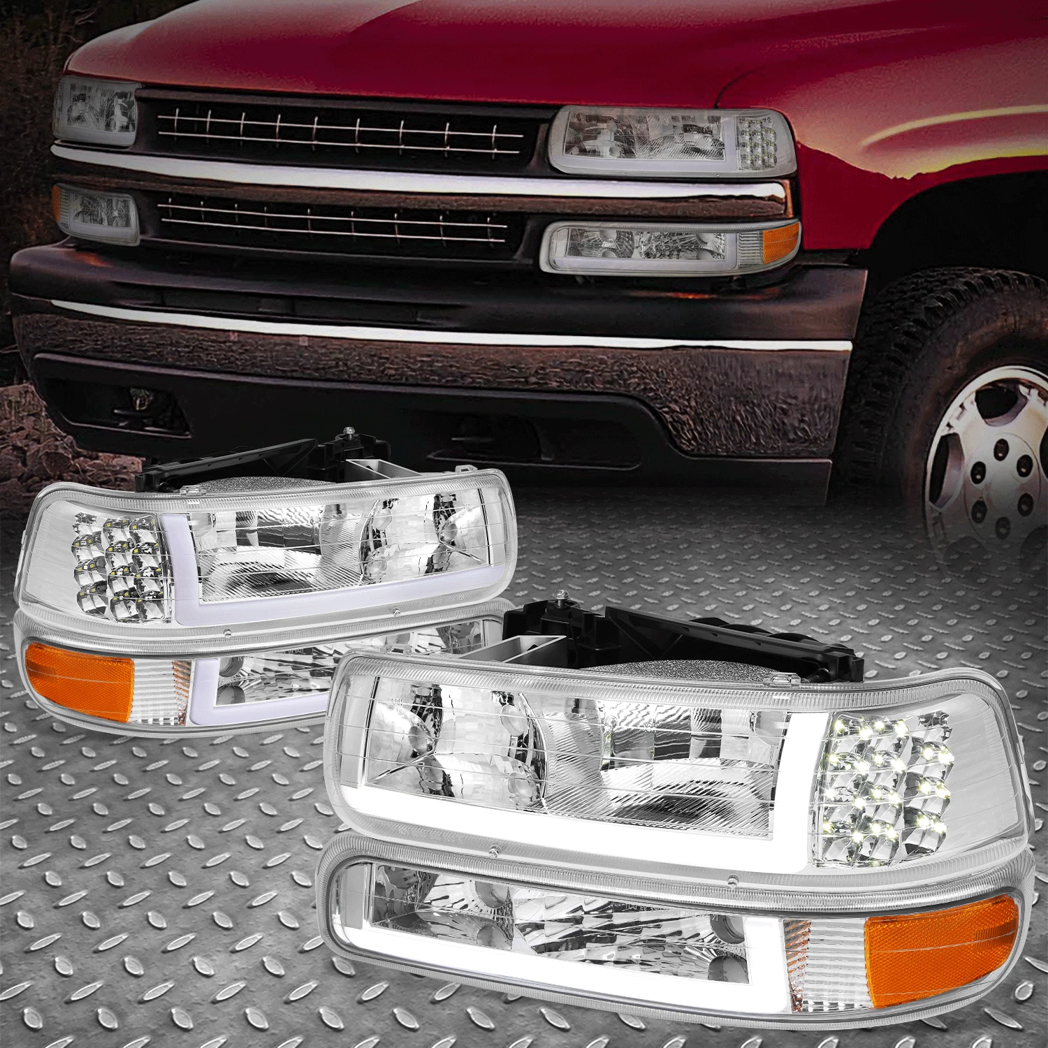 [LED DRL]For 99-02 Chevy Silverado 1500 2500 HD Headlight+Bumper Lamps Assembly