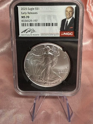 2025 Silver Eagle Coin Early Releases MS70 Kevin O'Leary NGC Signed Black Core
