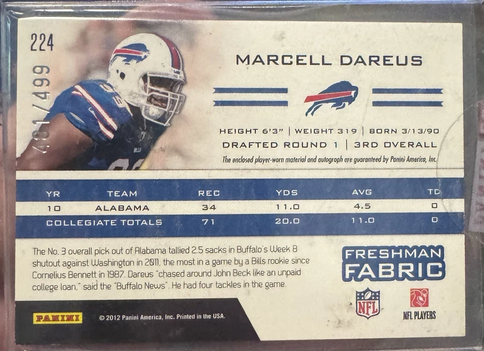 2011 Panini Totally Certified Freshman Fabric Marcell Dareus Totally Blue /499 - Image 2 of 2