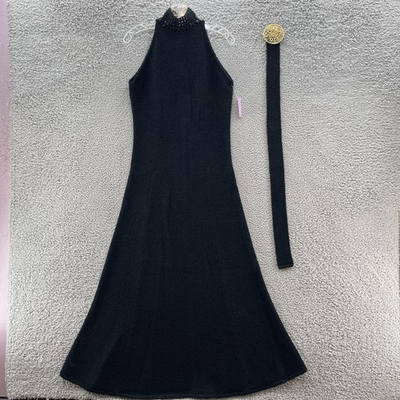 #ad VTG 70s St John Knits Dress 12 Black Santana Sleeveless Halter Neck Long Maxi $399.90
