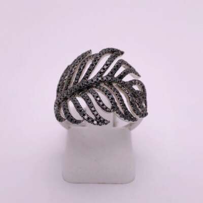 Beautiful Feather Design With Rich Black Shiny Onyx In Real 925 Silver Fine Ring